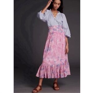 Anthropologie Odessa Pink Tie-Dye Pintucked Maxi Skirt Flounce Hem Cotton NWT L